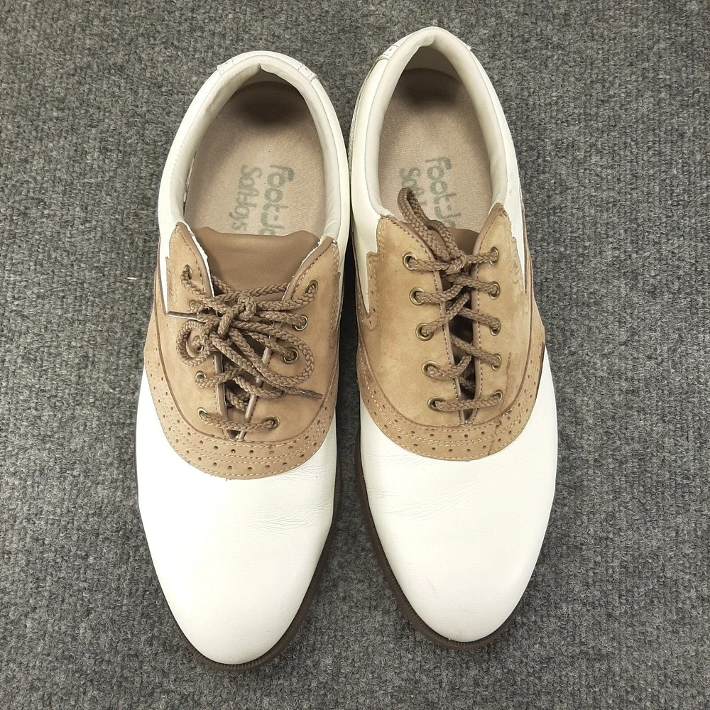 FJ Foot Joy Men's Golf Shoes White Brown Leather Lace Up 9.5M 53325 Footjoy READ